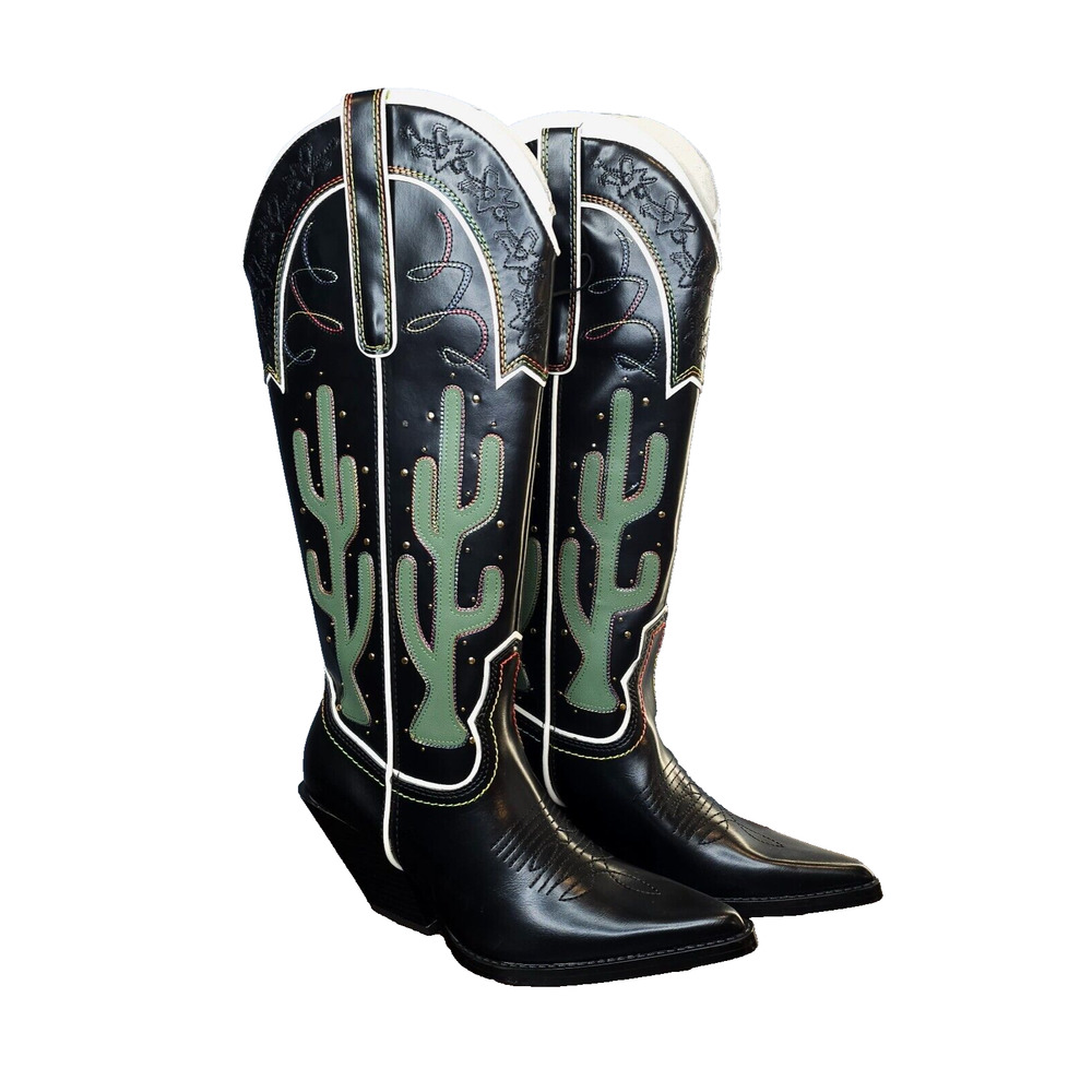 Zara Black Cactus Cowboy Boots Women 8 Western Pointed Toe Heel NWT Southwestern